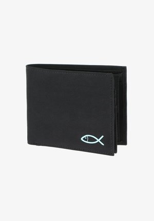 Portefeuille noir bifold avec une texture lisse et un petit symbole de poisson bleu clair dans le coin inférieur droit de la face avant.