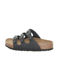 Zwarte leren slip-on sandaal met drie verstelbare banden, kurken voetbed, structuurovereenkomstige zool en rechte rand. Minimalistisch ontwerp, open teen stijl.
