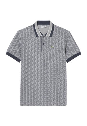 Donkerblauw en grijs geruit poloshirt met korte mouwen, tweeknopenbies en een logo-accent op de borst. Gestructureerde stof met contrasterende kraag.