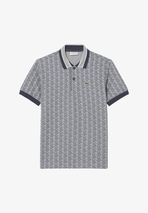 Donkerblauw en grijs geruit poloshirt met korte mouwen, tweeknopenbies en een logo-accent op de borst. Gestructureerde stof met contrasterende kraag.