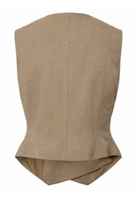 Gilet beige sur mesure avec un dos haut, un tissu texturé et un ourlet asymétrique avec un détail de bouton sur le bord inférieur.
