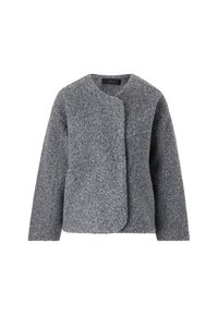 Veste pour femme grise texturée à manches longues avec col rond et fermeture avant dissimulée, en tissu bouclé.