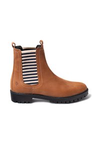 Bota Chelsea de ante marrón con panel lateral elástico a rayas, suela de goma negra y tiradores para facilitar la puesta. Textura suave y diseño robusto.