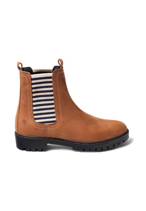 Bruine suède Chelsea boot met gestreepte elastische zijpanelen, zwarte rubberen zool en trek lussen voor gemakkelijk aan- en uittrekken. Soepele textuur en stevige constructie.