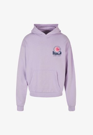 Pullover hoodie i lavendel, med en frontlomme og et grafik af en sol med bølger. Lavet af blød, struktureret stof. Justerbar hætte.