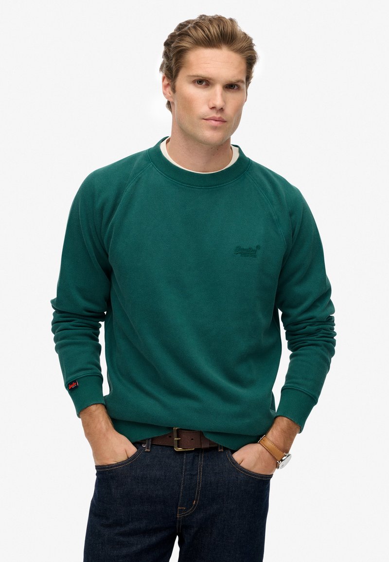 Groene sweatshirt met een geribbelde ronde halslijn en lange mouwen, voorzien van een klein geborduurd logo op de borst en contrasterende accentkleuren bij de polsen.