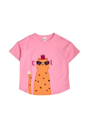 Rosa Kinder-T-Shirt mit einer gezeichneten orangen Katze, die eine Sonnenbrille und eine lila Krone trägt, mit dem Schriftzug „COOL“ auf beiden Seiten.