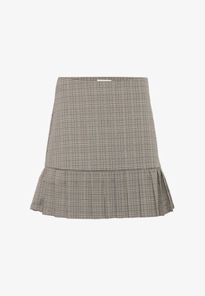 Jupe à carreaux gris avec un ourlet évasé, présentant un design plissé subtil et une taille ajustée. Fabriquée en tissu léger.