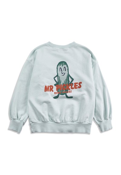Sweatshirt gris clair avec un personnage de cornichon en dessin animé et un texte rouge "MR PICKLES BONGO CHOSES" dans le dos.