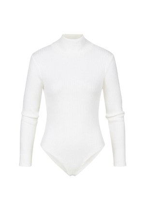 Witte ribgebreide longsleeve bodysuit met een hoge halslijn en een aansluitend ontwerp. Kenmerkt zich door een zachte textuur en naadloze randen voor een soepele pasvorm.