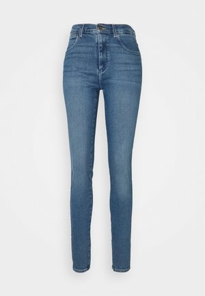 Hoch taillierte blaue Skinny-Jeans mit Knopf- und Reißverschluss vorne, Vordertaschen und leicht ausgebleichten Oberschenkeln.