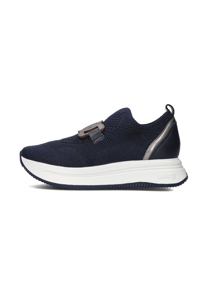 Navy knit sneakers with a textured upper, white midsole, and a black rubber outsole. Features a metallic accent on the heel and a toggle closure.
