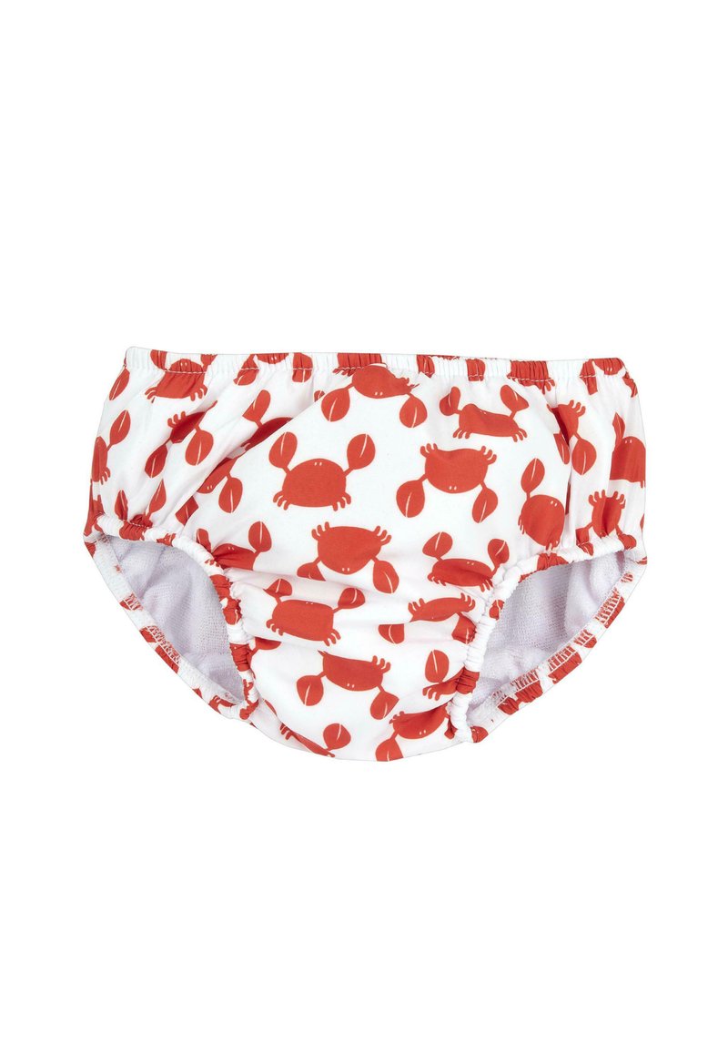 Pannolino da nuoto con motivo di granchi rossi su sfondo bianco. Presenta una vita elastica e un tessuto testurizzato per comfort e vestibilità.