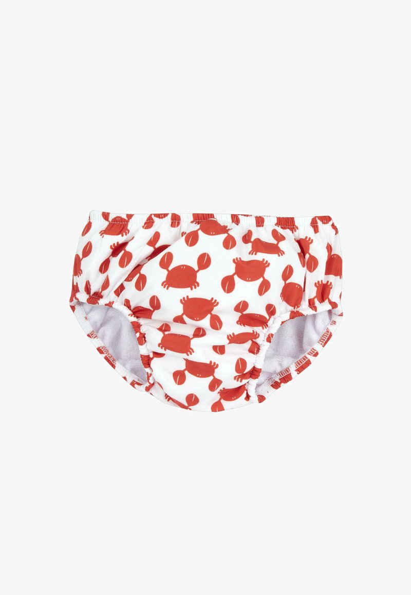 Pannolino da nuoto con motivo di granchi rossi su sfondo bianco. Presenta una vita elastica e un tessuto testurizzato per comfort e vestibilità.