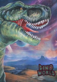 Illustrazione di un T-Rex con squame verdi, denti affilati e occhio arancione. Sullo sfondo si vedono una galassia, montagne e il testo "DINO WORLD."
