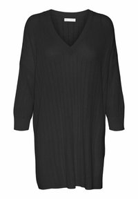 Musta neulemekko, jossa on V-pääntie, roikkuvat hihat, 3/4-hihat ja pystysuora tekstuurikuvio.