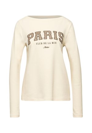T-shirt crema a maniche lunghe con scollo rotondo e testo grafico "PARIS CLUB DE LA RUE" in marrone, con un sottile motivo leopardato sulle lettere.