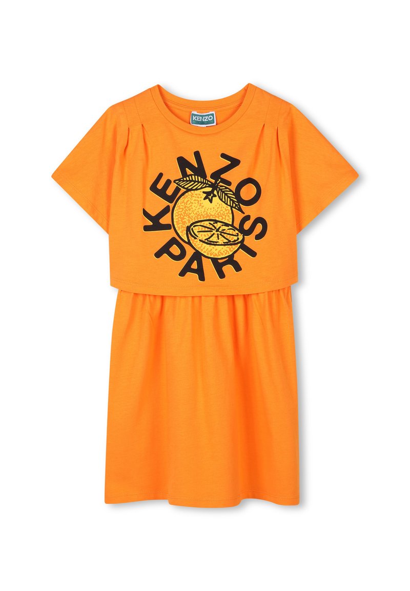 Robe en coton orange avec des manches courtes, une taille froncée et un imprimé graphique noir représentant une orange avec le texte "KENZO PARIS".