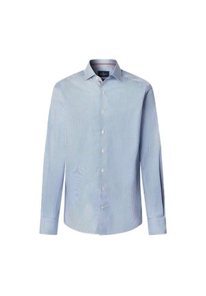 Blau-weiß gestreiftes Langarmhemd mit spitzem Kragen, Knopfleiste und abgerundetem Saum. Glattes Material mit dezentem Glanz.