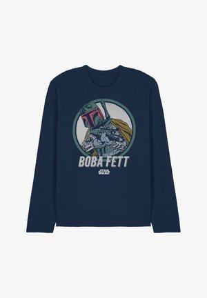 Marineblaues Langarm-T-Shirt mit einer Grafik von Boba Fett in einem kreisförmigen Design, darunter der Schriftzug "BOBA FETT" in einer strukturierten Schriftart.