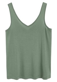 Débardeur vert olive avec un décolleté en v et des bretelles larges, fabriqué en tissu doux. Présente un ourlet droit et une coupe décontractée.