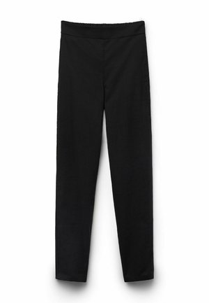 Schwarze Slim-Fit-Hose mit elastischem Bund, keine sichtbaren Taschen oder Verzierungen, vor weißem Hintergrund dargestellt.