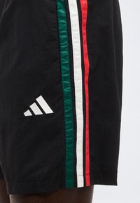 Sorte shorts med vertikale grønne, hvite og røde striper og en hvit Adidas-logo nær stripen på venstre side.