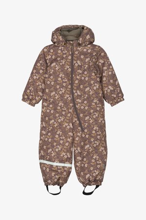 Vêtement d'extérieur à motif floral avec capuche, présentant un fond marron et des fleurs jaunes, fermeture éclair, poignets élastiques et bande réfléchissante blanche.