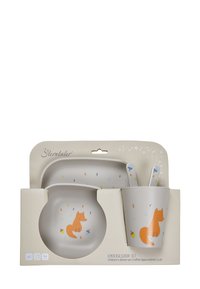 Children's dinner set, featuring a fox design. Includes a bowl, plate, cup, and two spoons in light-colored plastic with colorful accents.