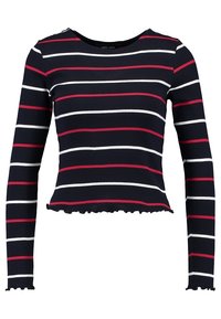 Marinblå och vit randig långärmad topp med röda detaljer, rund halsringning, åtsittande design och rynkade fållar.