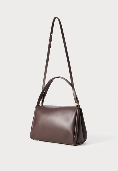 Brown leather handbag with a structured shape, featuring a dual handle, adjustable shoulder strap, and gold-tone hardware accents.