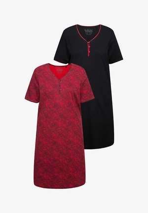 Camisones de algodón en rojo con estampado floral y negro, ambos con mangas cortas y escote en V, que presentan acentos de botones en la tapeta.