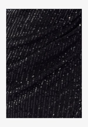 Schwarzer Stoff mit einem linearen Muster aus kleinen, reflektierenden Pailletten, die eine strukturierte Oberfläche mit schimmerndem Effekt erzeugen.