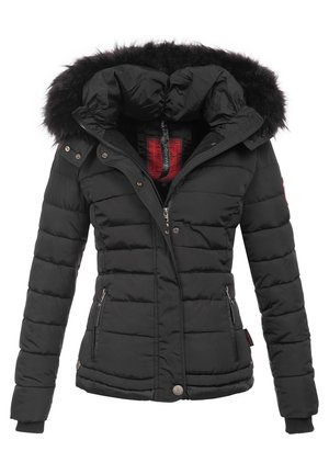 Giacca invernale nera trapuntata con zip e bottoni a pressione, due tasche frontali con zip, polsini a costine e cappuccio foderato con bordo in pelliccia sintetica nera.