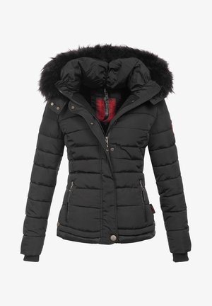 Schwarze gesteppte Winterjacke mit Reißverschluss und Druckknöpfen, zwei vorderen Reißverschlusstaschen, gerippten Bündchen und Kapuze mit schwarzem Kunstpelzbesatz gefüttert.