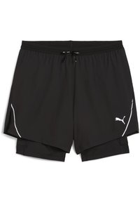 Sorte atletiske shorts med en indre foring, elastisk talje og snor. Hvide detaljer langs siderne og logo nederst til venstre.
