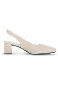 Scarpa slingback in suede beige con punta quadrata e tacco a blocco. Presenta un design con tagli e una tomaia testurizzata per un tocco di dettaglio in più.