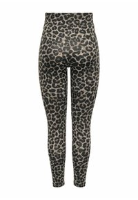 Leggings a vita alta con fantasia leopardata beige e nera, lunghezza intera, stile aderente su sfondo bianco.
