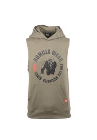 Mouwloze olijfgroene hoodie met een voorzak, met een zwarte grafische print van een gorilla en de tekst "Gorilla Wear" in vette letters.