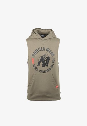 Mouwloze olijfgroene hoodie met een voorzak, met een zwarte grafische print van een gorilla en de tekst "Gorilla Wear" in vette letters.