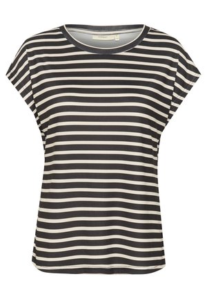 Črna in bela črtasta majica s krožnim izrezom, kratkimi razširjenimi rokavi in ohlapnim krojem. Mehka, gladka tkanina z rahlim sijajem.