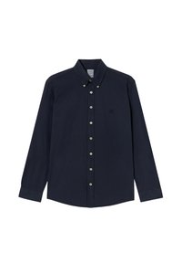 Camicia blu navy con bottoni, maniche lunghe, colletto e bottoni argentati. Presenta un piccolo logo ricamato sul petto. Tessuto leggero.