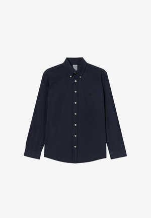 Donkerblauwe blouse met knopen, lange mouwen, een kraag en zilveren knopen. Voorzien van een klein geborduurd logo op de borst. Lichtgewicht stof.
