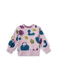 Pink sweatshirt featuring various colorful patterns including animals, leaves, and flowers; ribbed cuffs and hem with snap buttons on the neckline.