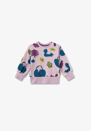 Rosa Sweatshirt mit verschiedenen bunten Mustern, einschließlich Tieren, Blättern und Blumen; gerippte Bündchen und Saum mit Druckknöpfen am Kragen.