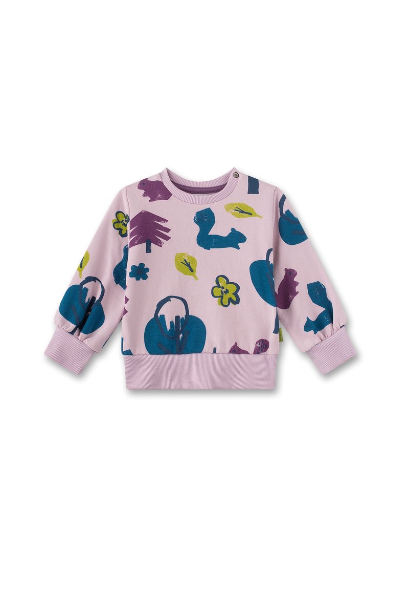 Pink sweatshirt featuring various colorful patterns including animals, leaves, and flowers; ribbed cuffs and hem with snap buttons on the neckline.