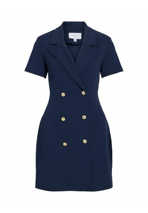Marineblå kortermet blazerkjole med seks gullknapper i dobbelspent stil og en hakket slagkrage.