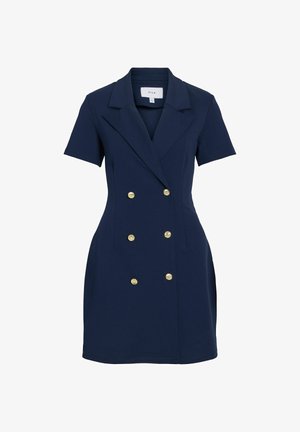 Temno modra obleka s kratkimi rokavi v slogu blazerja, z šestimi zlatimi gumbi na dvoredni način in ovratnikom z zarezo.
