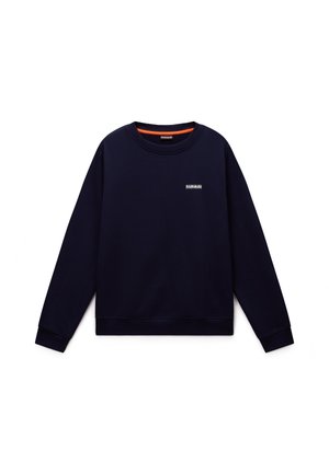 Mørkeblå sweatshirt lavet af blødt stof, har rund hals og lange ærmer. Indeholder et lilletrykt logo på venstre bryst.