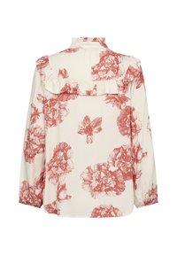 Floral blouse with long sleeves, cream fabric adorned with red floral prints, featuring a ruffled collar and back yoke detail.